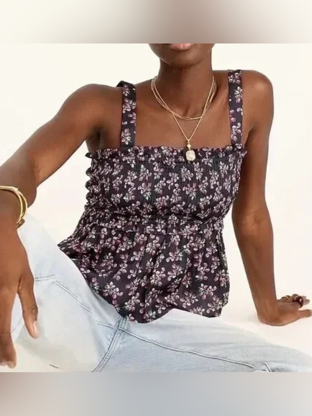 J Crew Featherweight Satin Smocked Tank Top Navy Twilight Berry BG301 Size XL